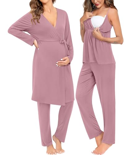 Image of SWOMOG Maternity Nursing Robe Set 3 Piece Breastfeeding Pajamas 3 in 1 Labor Delivery Sleevless Tops&Long Pants Pregnancy Pjs