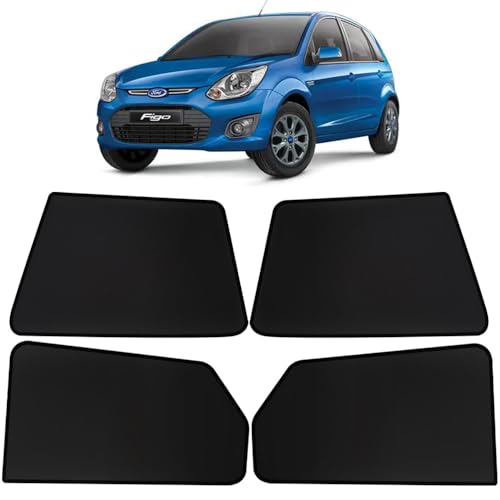Image of OTO2EYE Car Sun Shade Compatible for Ford Figo Model-2014-2021, Z-Black Fix Type Side Window Curtains, Only Half Cut in Front Window, 4 Pieces Set