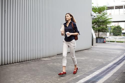 Image of Women's Mary Jane Flat Shoes Comfort Platform Buckle Ankle Strap Flats Breathable Slip On Lightweight Office Work Shoes Burgundy,8 US