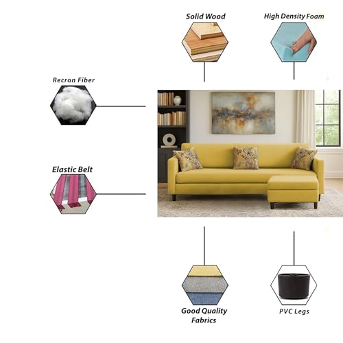 Image of Casaliving Premium Lifestyle Fabric 5 Seater L Shape Sofa Set 4 Seater Modern Sofa Set & Ottoman for Living Room (Yellow Color)