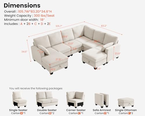 Image of CHIC HOUSE Modular Corner Sectional Sofa with Storage Ottoman, Corduroy L-Shaped Couch, Compact Small Space Furniture for Living Room & Apartment, (Beige, 8 Seater L-Shaped)