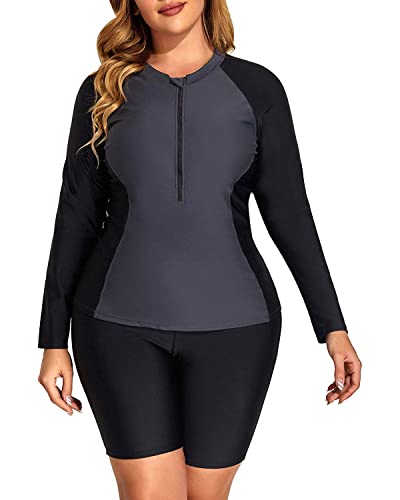 Daci Women Black Grey 2 Piece Plus Size Long Sleeve Rash Guard Bathing Suit Zip Front Athletic Boy Shorts Tankini Swimsuits Upf 50 18 Plus #TOP4