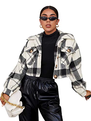 Floerns Women's Buffalo Plaid Button Front Patch Pocket Crop Jacket Coat Black and White S