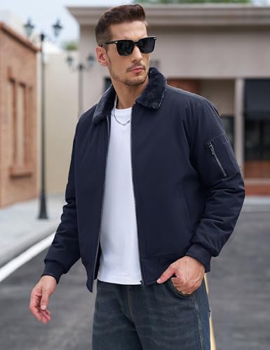 Image of TACVASEN Men's Fleece Jacket Full Zip Up Warm Bomber Jackets for Daily Wear | Winter thick jacket coat for men , fur collared bomber style with 4ple pockets for travel, outdoor walking