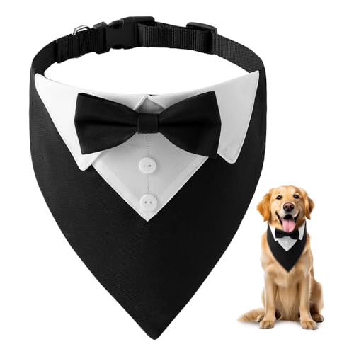 HMCEY Bandana per Cani Formale 36-60 CM,Collare Smoking Cane con Foulard e Papillon,Sciarpa Cravatta Cane Regolabile,Costume Elegante per Animale Domestico per Matrimoni, Compleanni, Festa - Nero