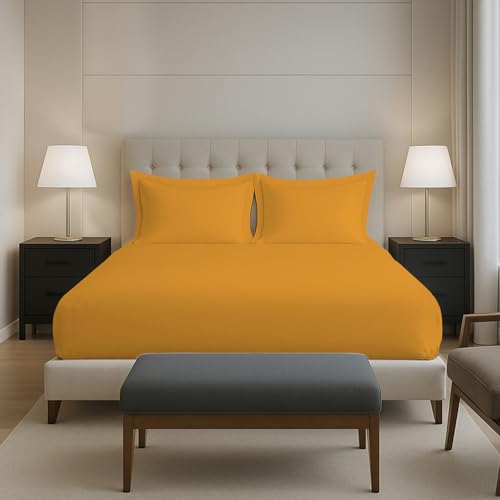 Image of Pizuna 100% Cotton Fitted Bedsheets King Size 400 Thread Count Long Staple Cotton Sateen Fitted Bedsheet 74x78 Inch with 2 Pillow Covers, Honey Gold Elastic Fitted Bedsheets King Size fits 12 Inch