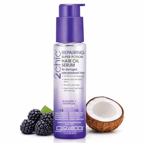 GIOVANNI 2chic Repairing Super Potion Hair Oil Serum - Blackberry & Coconut Milk, Restoring Leave In Treatment for Dry Damaged Color Treated Hair, Paraben Free, Color Safe - 2.75 fl oz