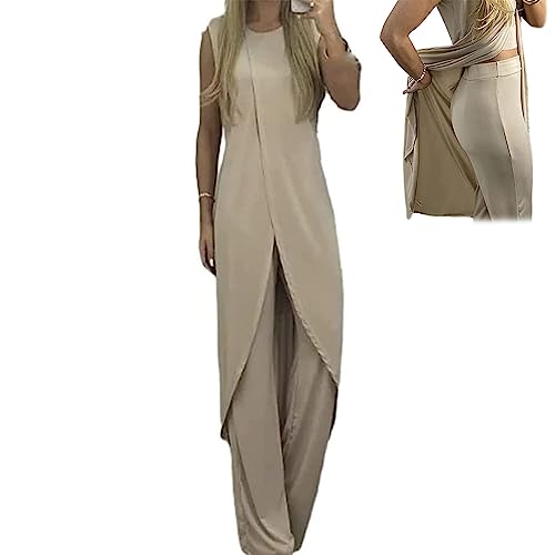 2023 New Vivianhan 7 Colors Jersey Mature Women Suit, Summer Elegant Split Sleeveless Formal Evening Gowns (Large,Beige)