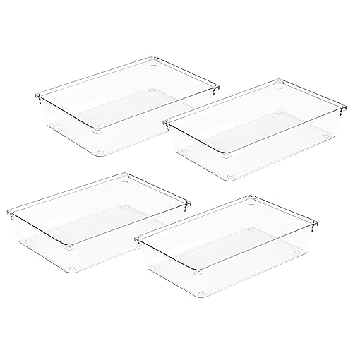 Amtido 4 Pack Drawer Organisers, Sturdy Clear Plastic, Versatile Storage for Kitchen Bathroom, Utensils, Makeup, Office