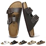 Wizshoe Sandalias Mules Hombre Zapatillas Planas Verano Zuecos Sandals de Corcho Zapatos Planos con Hebilla Ajustable Cómodos con Plantilla Ergonómica Interior Exterior Marrón Oscuro 46 EU