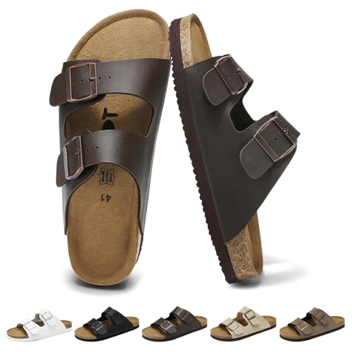 Wizshoe Sandalias Mules Hombre Zapatillas Planas Verano Zuecos Sandals de Corcho Zapatos Planos con Hebilla Ajustable Cómodos con Plantilla Ergonómica Interior Exterior Marrón Oscuro 43 EU