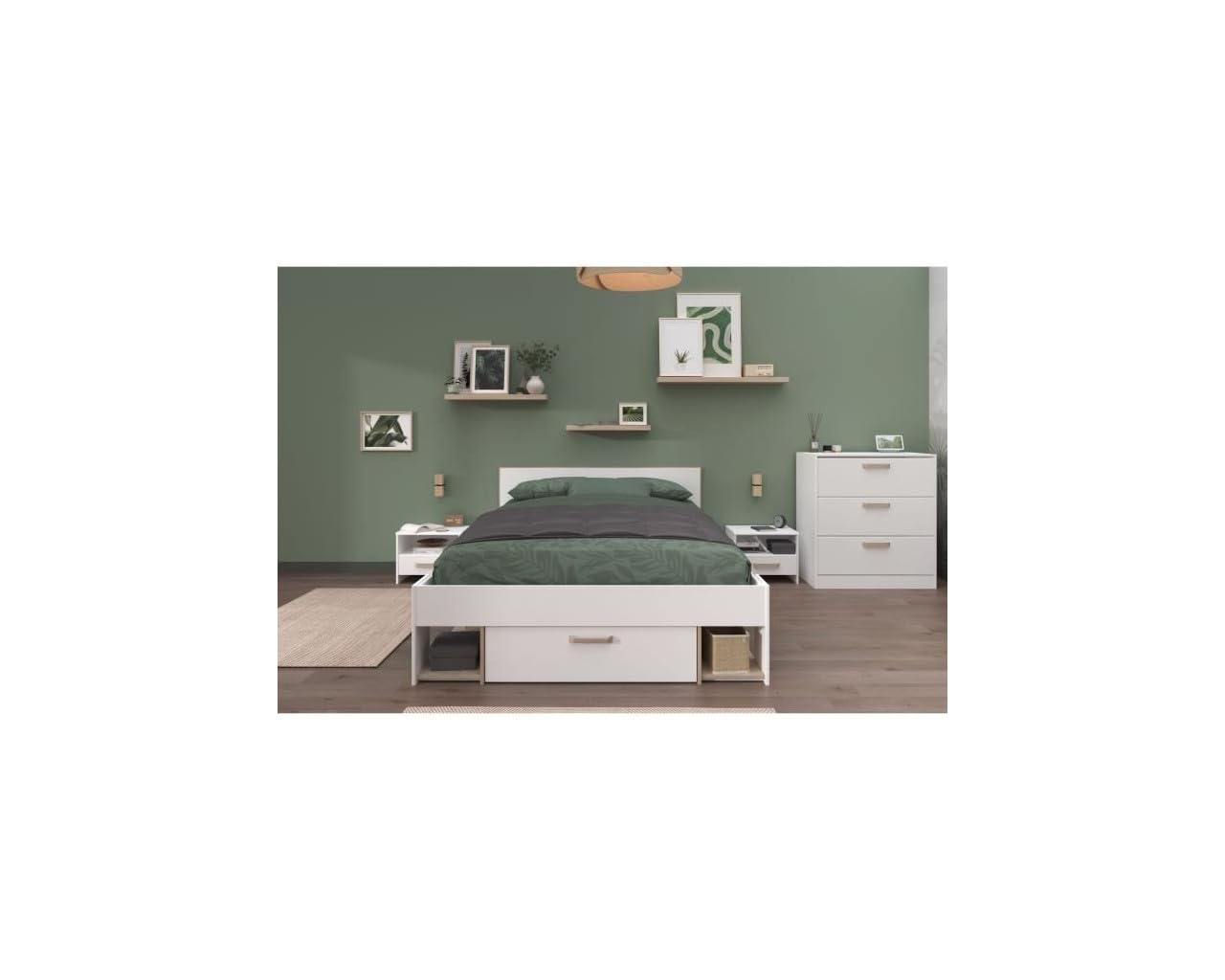 Chambre complete adulte DREAM : Lit 140x190/200 cm + 2 chevets + Commode - Décor blanc et chene - PARISOT
