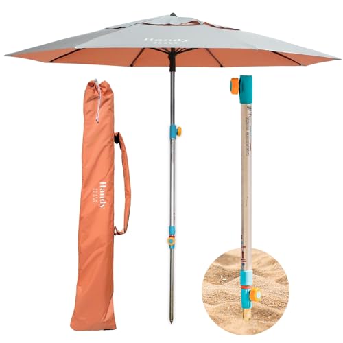 Handy Beach Umbrella with 10 Second Easy Setup Hammer In Anchor - 7ft Large Portable Heavy Duty High Wind Stability Beach Umbrellas For Sand-ASTM F3681 Safety Tested-Silver Coated UPF 55 Sun Protection
