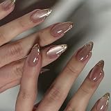 YOSOMMK Pink Gold French Tip Press on Nails Almond Medium Acrylic Nails Press ons Cat Eye Glossy Artificial Fake Nail with Design 24Pcs Glitter Glue Stick on False Nail for Women in 12 Sizes