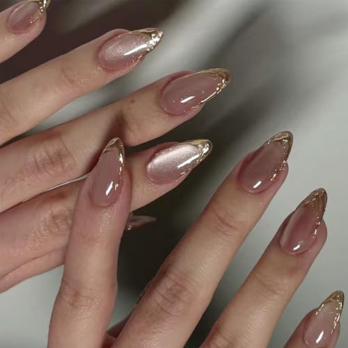 YOSOMMK Pink Gold French Tip Press on Nails Almond Medium Acrylic Nails Press ons Cat Eye Glossy Artificial Fake Nail with Design 24Pcs Glitter Glue Stick on  Nail for Women in 12 Sizes