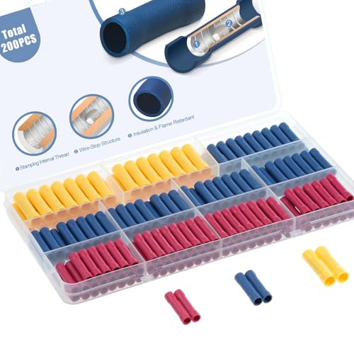 Image of 200 Pcs Wire Butt Splice Connectors Kit, 22-10 AWG Electrical Crimp Terminal Connector Kits, Fully Insulated Wiring Straight Crimps Terminals for 22,20,18,16,14,12,10 Gauge Wires