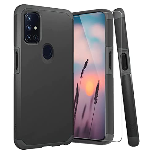 TJS Compatible with OnePlus Nord N10 5G Case, with Tempered Glass Screen Protector, Dual Layer Hybrid Shockproof Drop Protection Impact Cover Phone Case for OnePlus Nord N10 5G (Black)