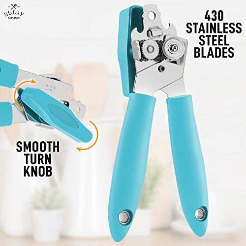 Zulay Kitchen Manual Can Opener - Handheld Can Opener Smooth Edge Cut Stainless Steel Blades - Heavy Duty Can Opener Manual With Comfortable Grip Handle And Large Turn Knob (Light Blue) #TOP2