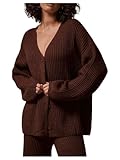 RoseSeek Women's Button Down Ribbed Knit Sweaters V Neck Long Sleeve Cardigans Fall Tops Chocolate Brown Small