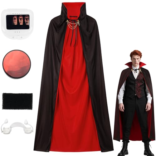 Vampir Kostüm Herren,150cm Gothic Royal Vampirkostüm mit Kunstblut & Vampirzähne & Makeup Schwamm,Schwarz Rot Doppelseitig Halloween Kostüm Vampir Umhang Dracula Kostüm Erwachsene Karneval Cosplay