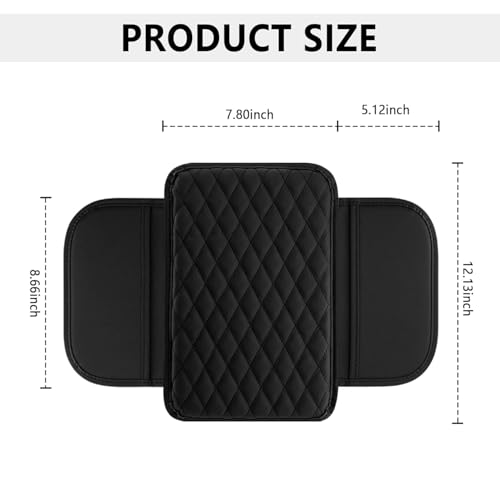 Image of Car Armrest Cover with Side Pockets, Quilted Design Center Console Cover, Elastic Strap Installation, Black