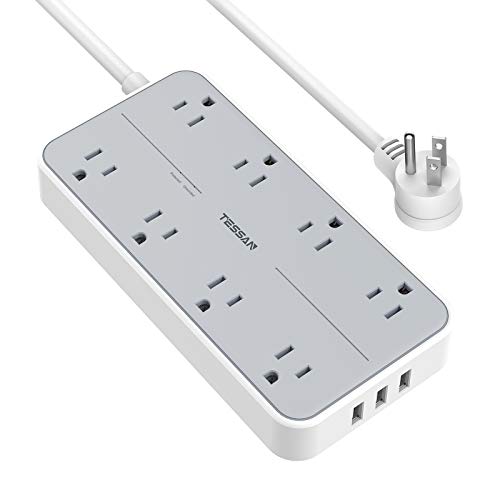 Surge Protector with USB, TESSAN Power Strip Flat Plug with 8 Widely Spaced AC Outlets and 3 Charging Ports, 1875W/15A, 1080 Joules, Wall Mount Extension Cord 6 Ft for Home, Office  Gray