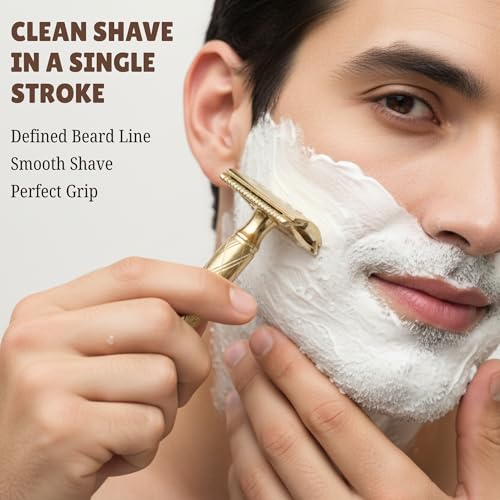 Image of BOSS Premium Safety Razor with 10 Double-Edge Blades for Men - Golden Brass Finish, Men's Shaving kit