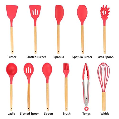 Kit de Utensílios p/Cozinha em Silicone e Bambu 12 Peças - Vermelho