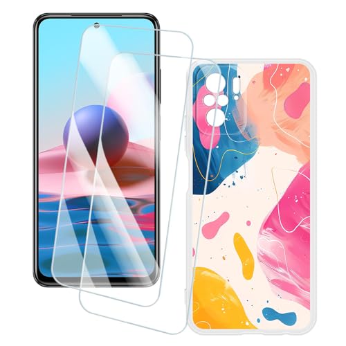OAGELIM 2�Z�b�g �X�N���[���v���e�N�^�[ + �P�[�X Xiaomi Redmi Note 10 4G (6.43 �C���`) �Ƃ̌݊������� �A�[�e�B�X�e�B�b�N�J�X�^���v�����g�J�o�[�Ƌ����K���X�t�B���� �X�N���b�`�h�~ (�J���t��)
