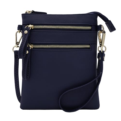 Solene Womens Faux Leather Organizer Multi Zipper Pockets Handbag With Detachable Wristlet Crossbody Bag-WU002(Navy)