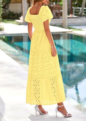 Image of PRETTYGARDEN Summer Dresses for Women 2026 Eyelet Square Neck Puff Sleeve Smocked Wedding Guest Maxi Dress with Pockets