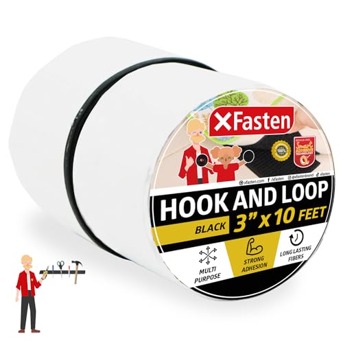 XFasten Hook and Loop Tape, Black, 3-in x 10-Ft Wide Strips with Adhesive Heavy Duty, Indoor/Outdoor Hook and Loop Roll, No Sew Sticky Strips, Tools