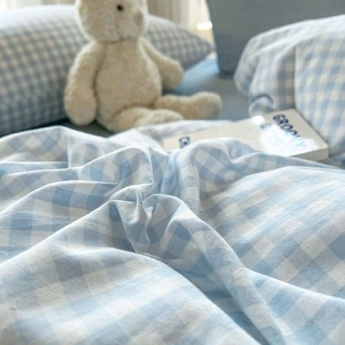 Image of VM VOUGEMARKET Blue White Gingham Duvet Cover Set,Soft Washed Cotton Bedding Set,Minimalist Plaid Bed Set with Pillowcases,Cozy Bedroom & Dorm Decor,King Size