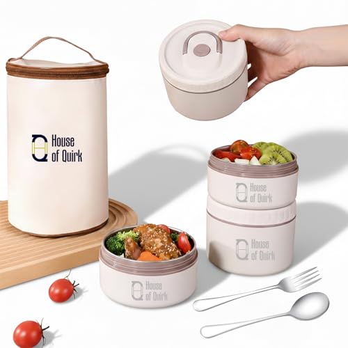 Image of House of Quirk 304 Stainless Steel Bento Lunch Box for Adults, 3 Stackable Containers with Insulated Thermal Case, Microwave Safe & Portable 2 x 420ml & 1 x 620ml (Beige)