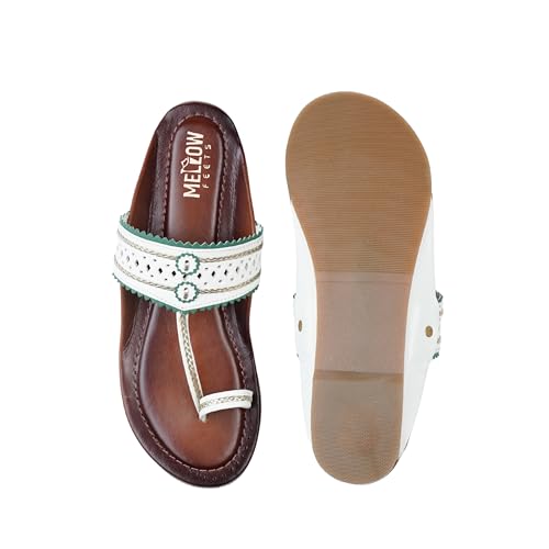 Image of Women's Kolhapuri Sandals - Handcrafted Leather Flats Chappals with Toe Ring, Comfortable Slip-On Ethnic Footwear with Embroidery & TPR Leather Sole