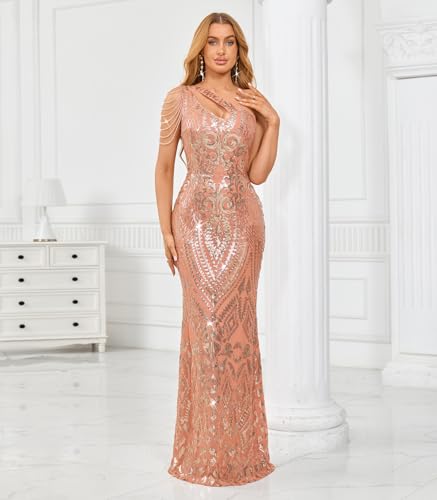 Image of Cololura Women Sequin Elegant Sexy One Shoulder Tassel Mermaid Bodycon Cocktail Evening Dress