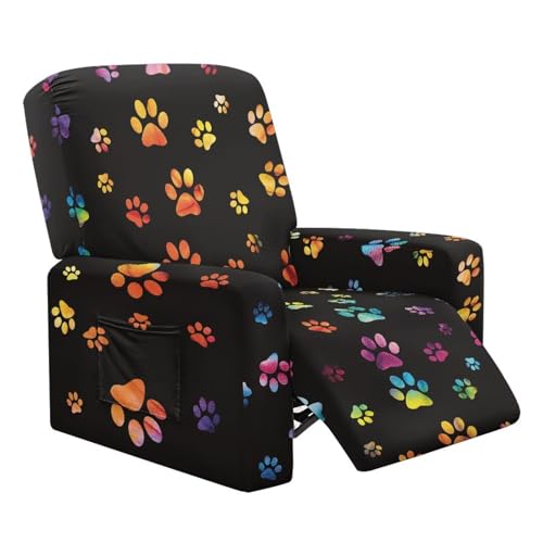 Wiryuouvt Colorful Dog Paw Small Recliner Cover 1 Cushion Reclining Sofa with Side Pockets Lazy Boy Chair Covers for Reclining Chair with Handle Fitted Sofa Couch Cover 1 Seat Recliner Couch Covers
