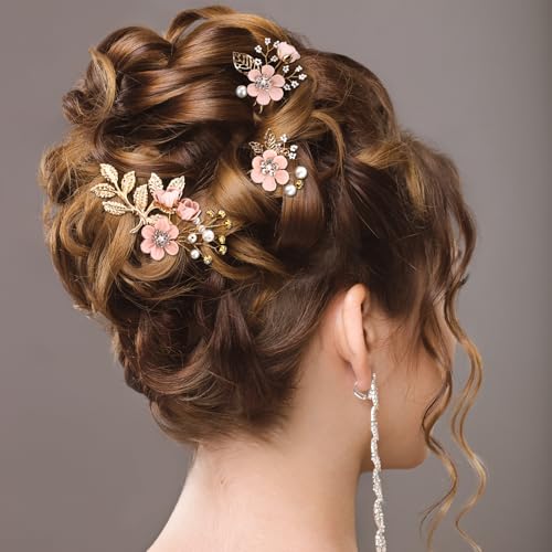5 Stück Braut Hochzeit Haarschmuck Rosa Haarkämme Kristall Blumen U-förmig Haarnadeln für Bräute und Brautjungfern zum Tragen bei Hochzeiten