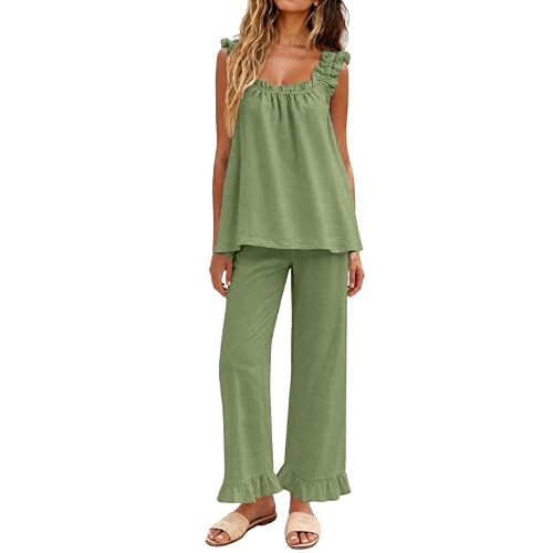Marvmys Womens Pajamas Set 2 Piece Ruffle Pj Set Cute Pajamas Sexy Tank Top and Long Pants Bridal Loungewear Set S-2XL