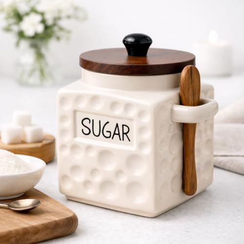 Image of The Deluxe Creations Ceramic Tea Coffee Sugar Jars Set with Wooden Lid & Spoon | Premium Kitchen Storage Canisters | Airtight Containers for Tea Coffee Sugar | 500 ML Each | Set of 3