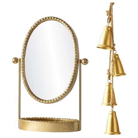 HuiDao Christmas Bells, Gold Cow Bells Christmas Decor Indoor, Vintage Makeup Mirror, Desk Mirror with Tray, Metal Vanity Mirror with Stand Antique Decorative Cover
