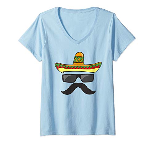 Donna Cool Cinco De Mayo Mustache Face Funny Mexican Sombrero Gift Maglietta con Collo a V