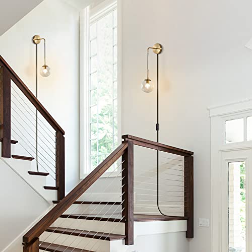 Image of KCO Lighting Modern Plug in Wall Sconce Set of 2 Gold Glass Globe Bathroom Wall Sconce Mid Century Adjustable Wall Lamp Plug in for Corridor Bedroom Entryway (Amber & 2-Pack)