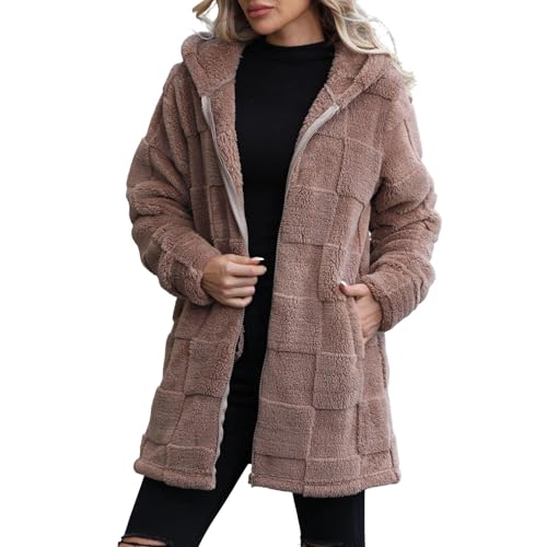 Cardigan long polaire chaud pour femme coupe ample mi-longue zippée à carreaux