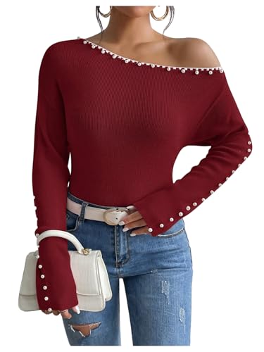 Image of WDIRARA Women's Pearls Beaded One Cold Shoulder Sweater Long Sleeve Asymmetrical Knit Top