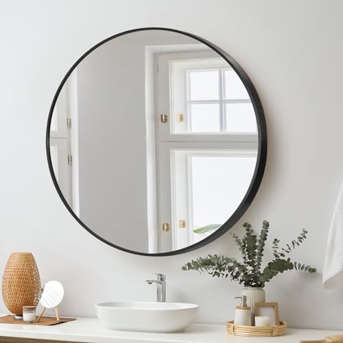 Oikiture Wall Mirror 80cm Round Makeup Mirror Home Furniture Black