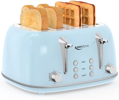 Keenstone Toaster 4 Slice, Retro Stainless Steel Wide Slot Toaster with Dual Independent Controls, 6 Browning Levels, Bagel, Defrost, Reheat & Cancel, Removable Crumb Tray, Blue