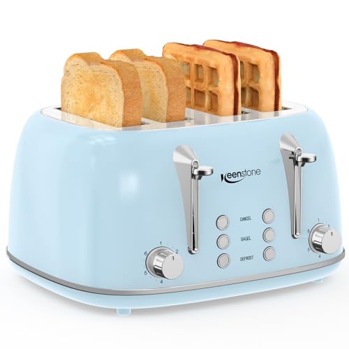 Keenstone Toaster 4 Slice, Retro Stainless Steel Wide Slot Toaster with Dual Independent Controls, 6 Browning Levels, Bagel, Defrost, Reheat & Cancel, Removable Crumb Tray, Blue Toaster 4 Sl