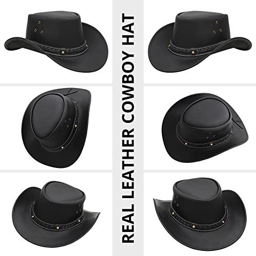 Brandslock Black Leather Cowboy Hat For Men Women Lightweight Handcrafted Western Shapeable Wide Brim Durable Cowgirl Outback Hat #TOP4