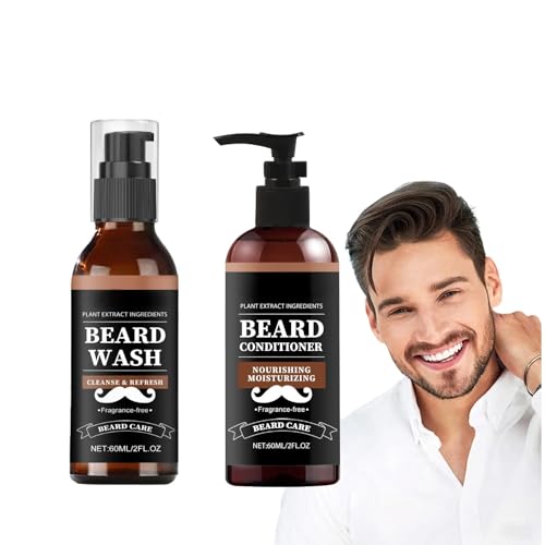 Juego de Champú y Acondicionador de Barba, Beard Wash Beard Shampoo & Softener Set de Cuidado de la Barba, Champu y Acondicionador Barba Hombre Natural Suaviza, Alisa y Calma la Picazón